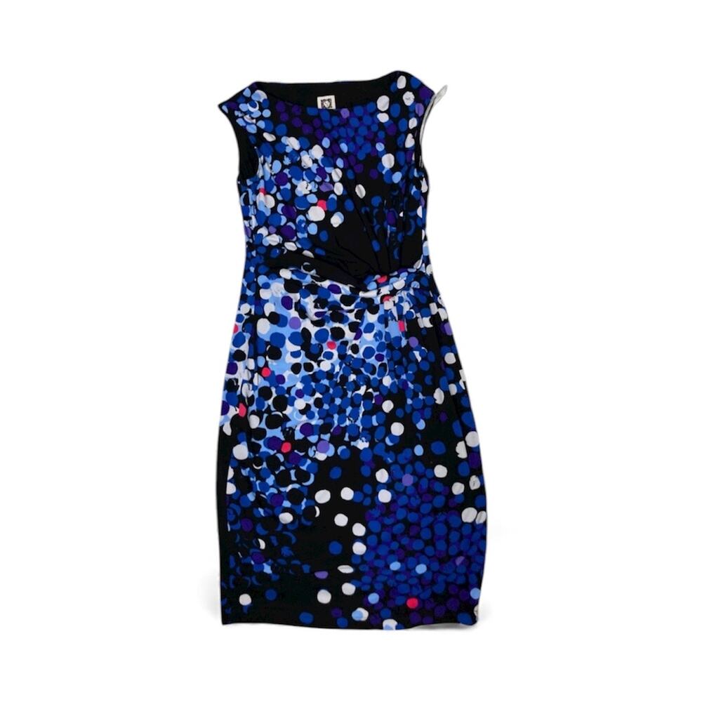 Anne Klein Size 4 Black/Bluebell Polka Dot Side Twist Stretch Sheath Dress